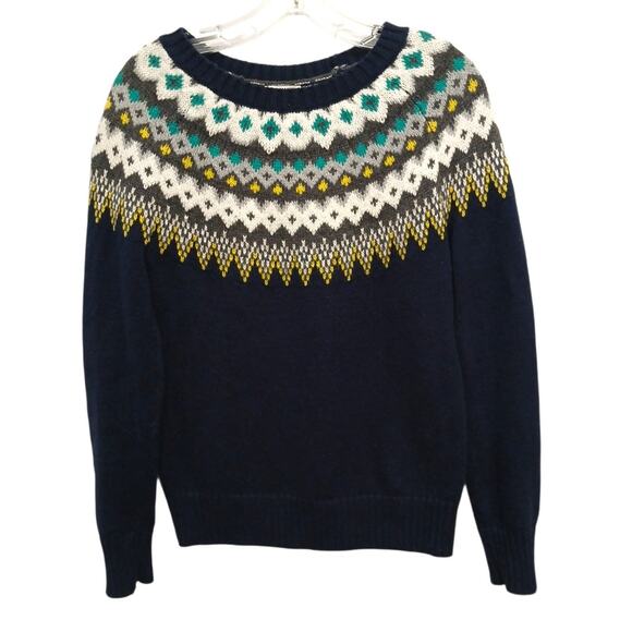 Vintage Old Navy Fair Isle Nordic Sweater Pullover XS Navy Blue Boho Ski Lodge - Picture 1 of 13